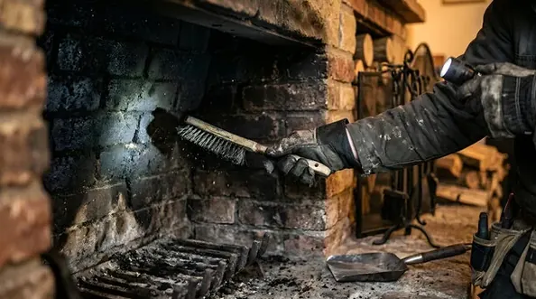 Heavily sooted brick firebox being brushed after a chimney fire