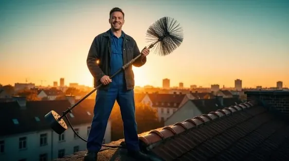 Chimney sweep on a rooftop at sunset