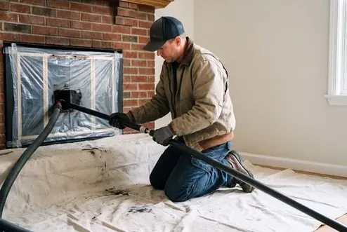 San Mateo chimney sweep kneeling on drop cloths, running a vacuum hose into a plastic-sealed brick fireplace