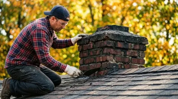Mason rebuilding the top of a chimney on a roof